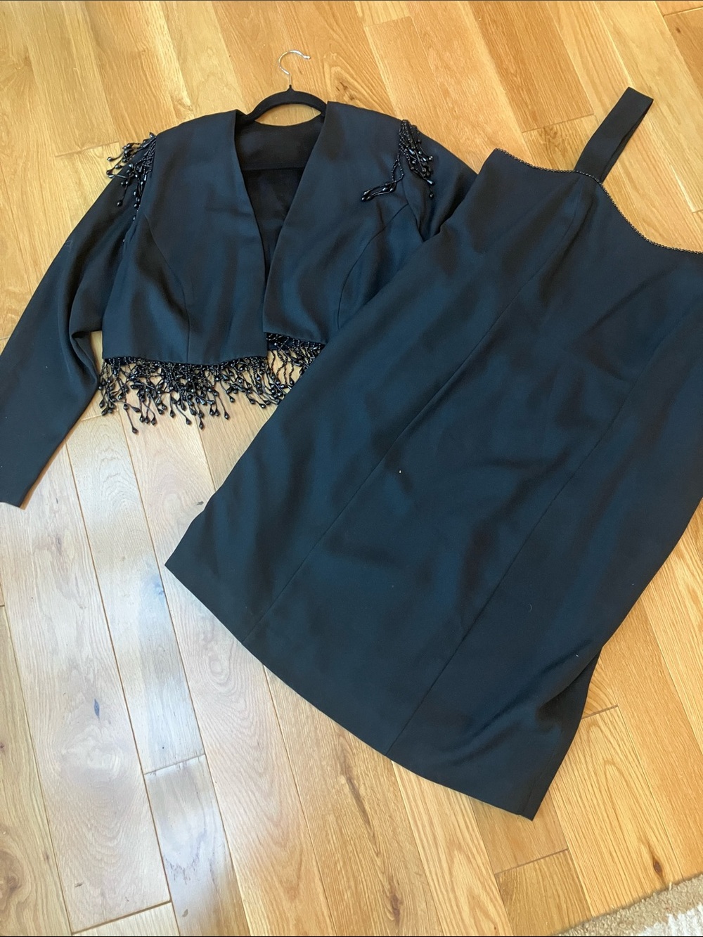 Vintage Alex Evenings Black Beaded Cropped Jacket with Black Sheath Dress Set